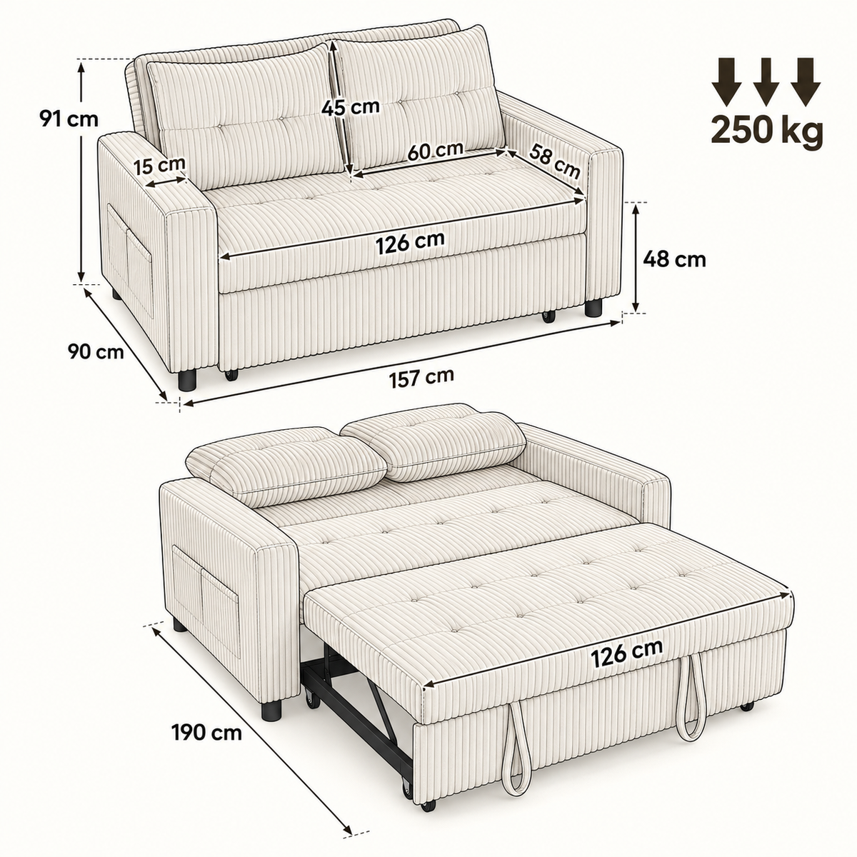 Canapé Convertible 2 Places en Velours Côtelé, Dossier Réglable, 157 x 190 cm, Crème Maison Rêves Maison > Salon > Canapés > Canapés convertibles Maison Rêves