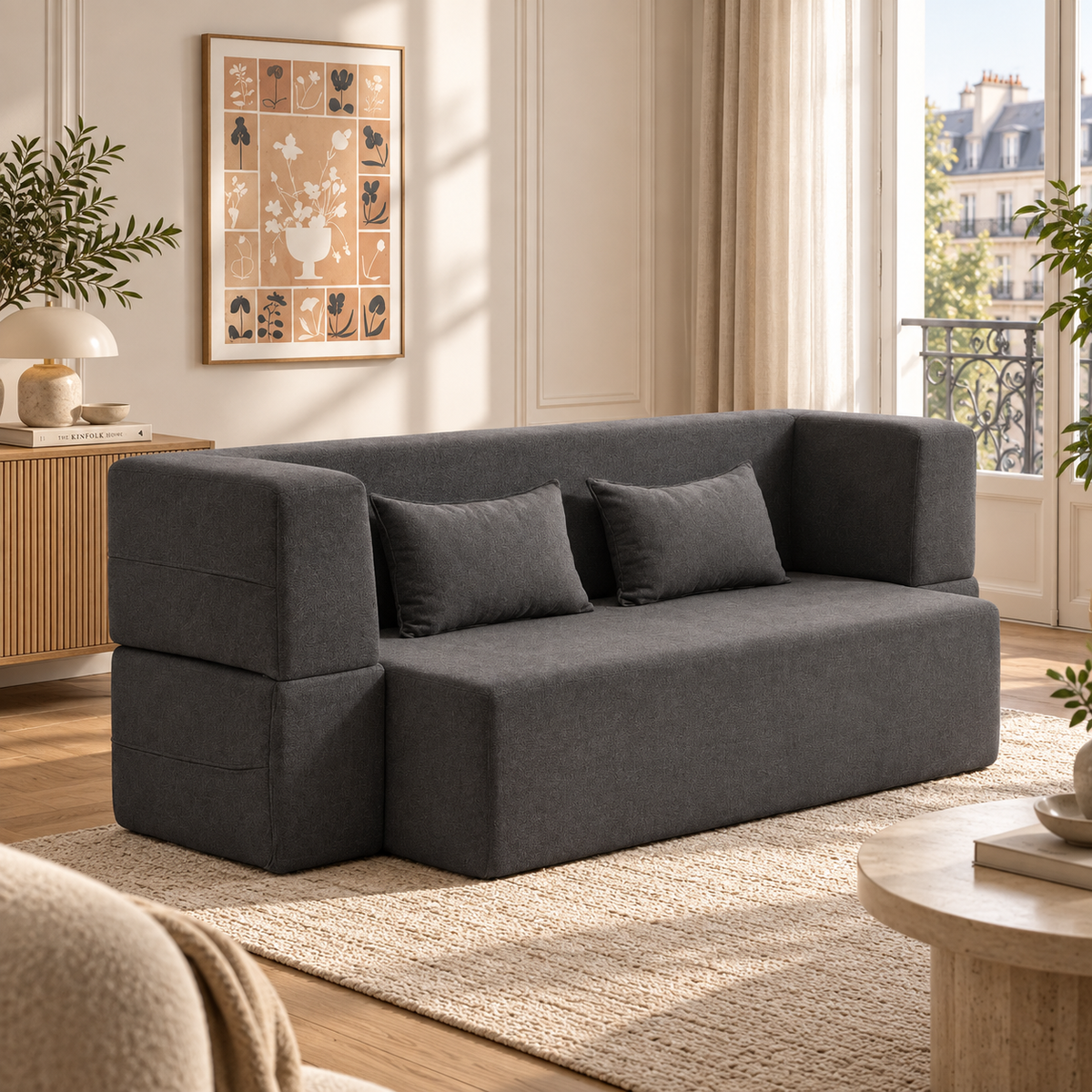 Vaneska | Canapé Convertible 2 Places en Chenille Gris Maison Rêves Maison Rêves