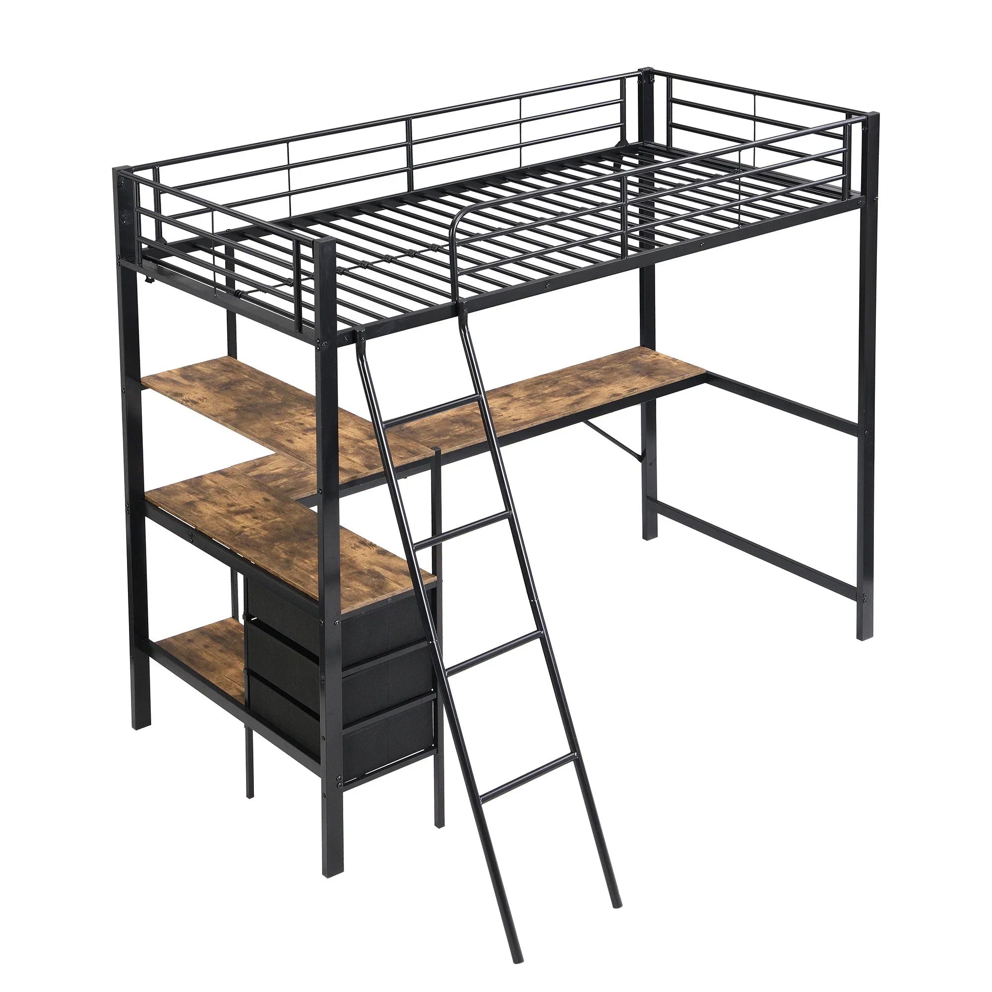 Lit mezzanine 1 place 90x200 – Métal noir avec bureau et rangements