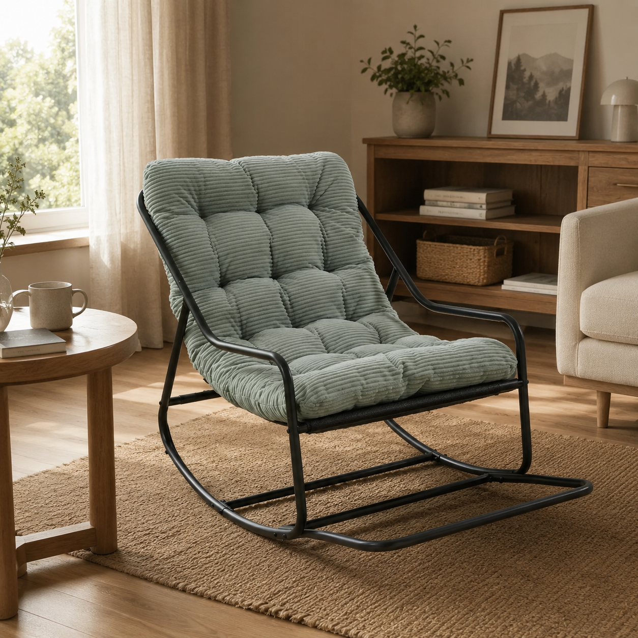 Rocking Chair en Velours Côtelé Capitonné avec Structure Métal Noir Maison Rêves   Maison Rêves