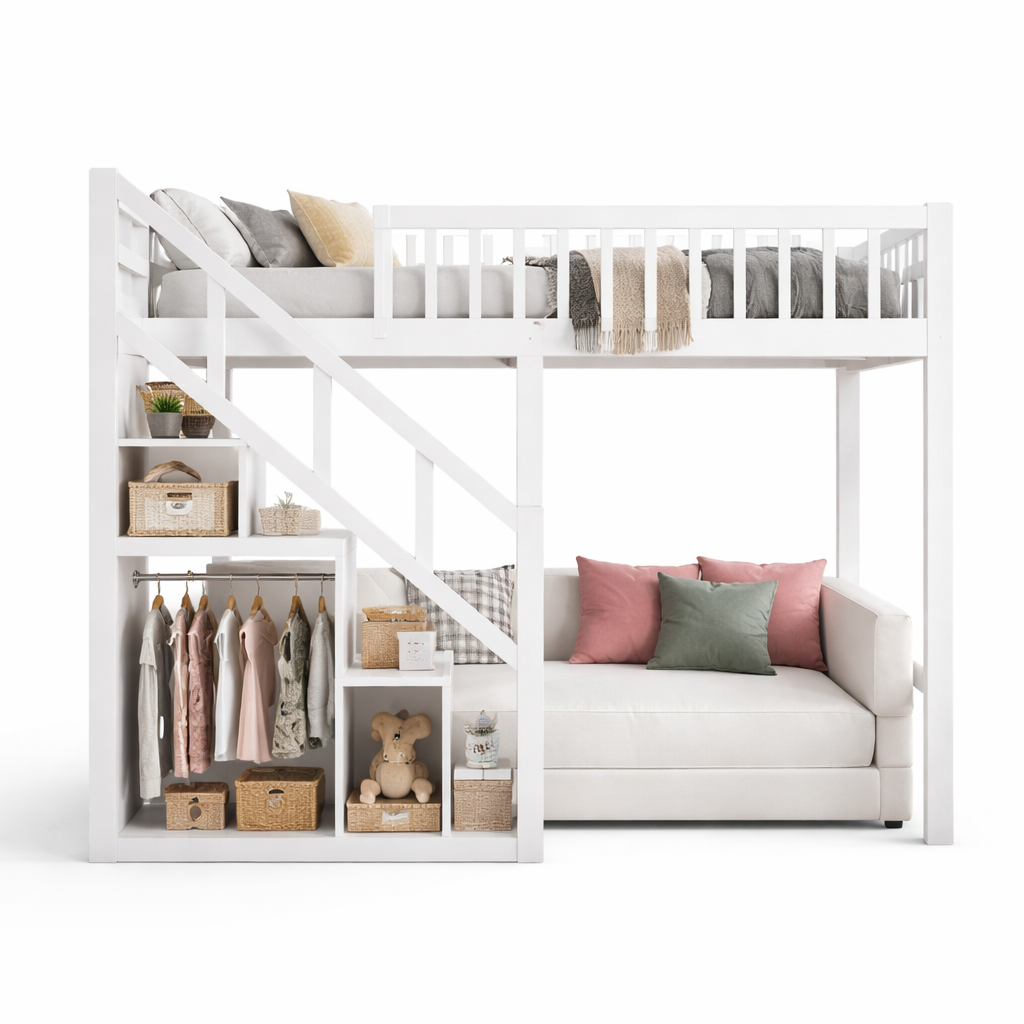 Lit mezzanine 1 place 90x200 – Bois blanc avec escalier et rangements