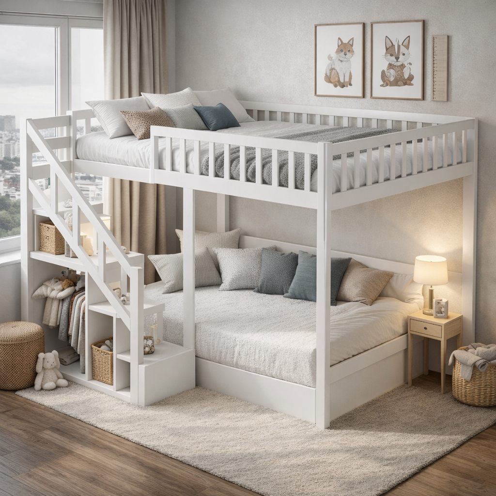Lit mezzanine 1 place 90x200 – Bois blanc avec escalier et rangements