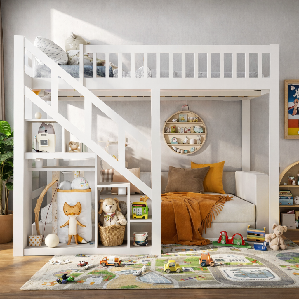 Lit mezzanine 1 place 90x200 – Bois blanc avec escalier et rangements