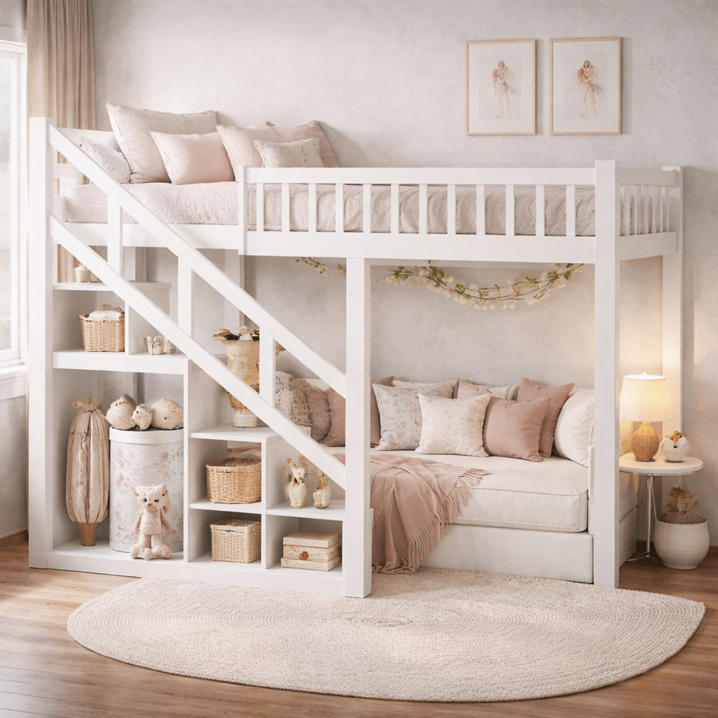 Lit mezzanine 1 place 90x200 – Bois blanc avec escalier et rangements