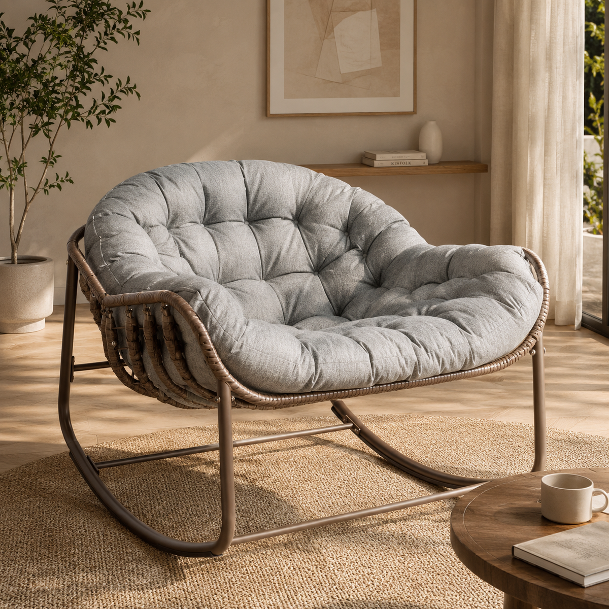 Rocking Chair Œuf XXL en Rotin avec Coussin Épais 15 cm Maison Rêves   Maison Rêves