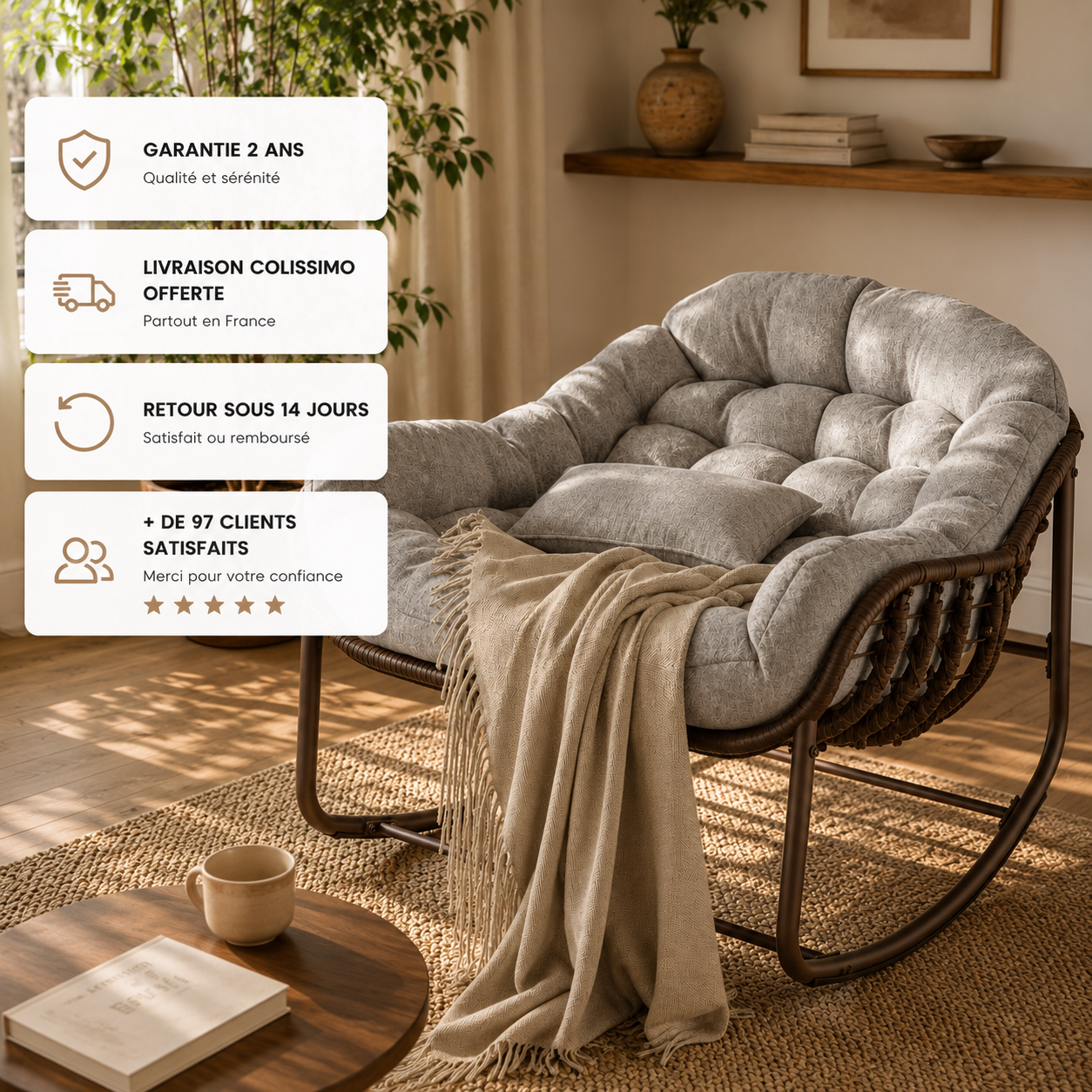 Rocking Chair Œuf XXL en Rotin avec Coussin Épais 15 cm Maison Rêves   Maison Rêves