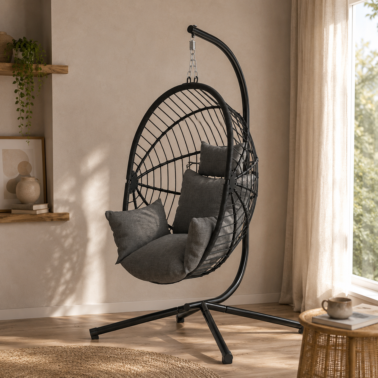 KELWYN | Fauteuil Suspendu Œuf Panier Corde Gris Maison Rêves   Maison Rêves