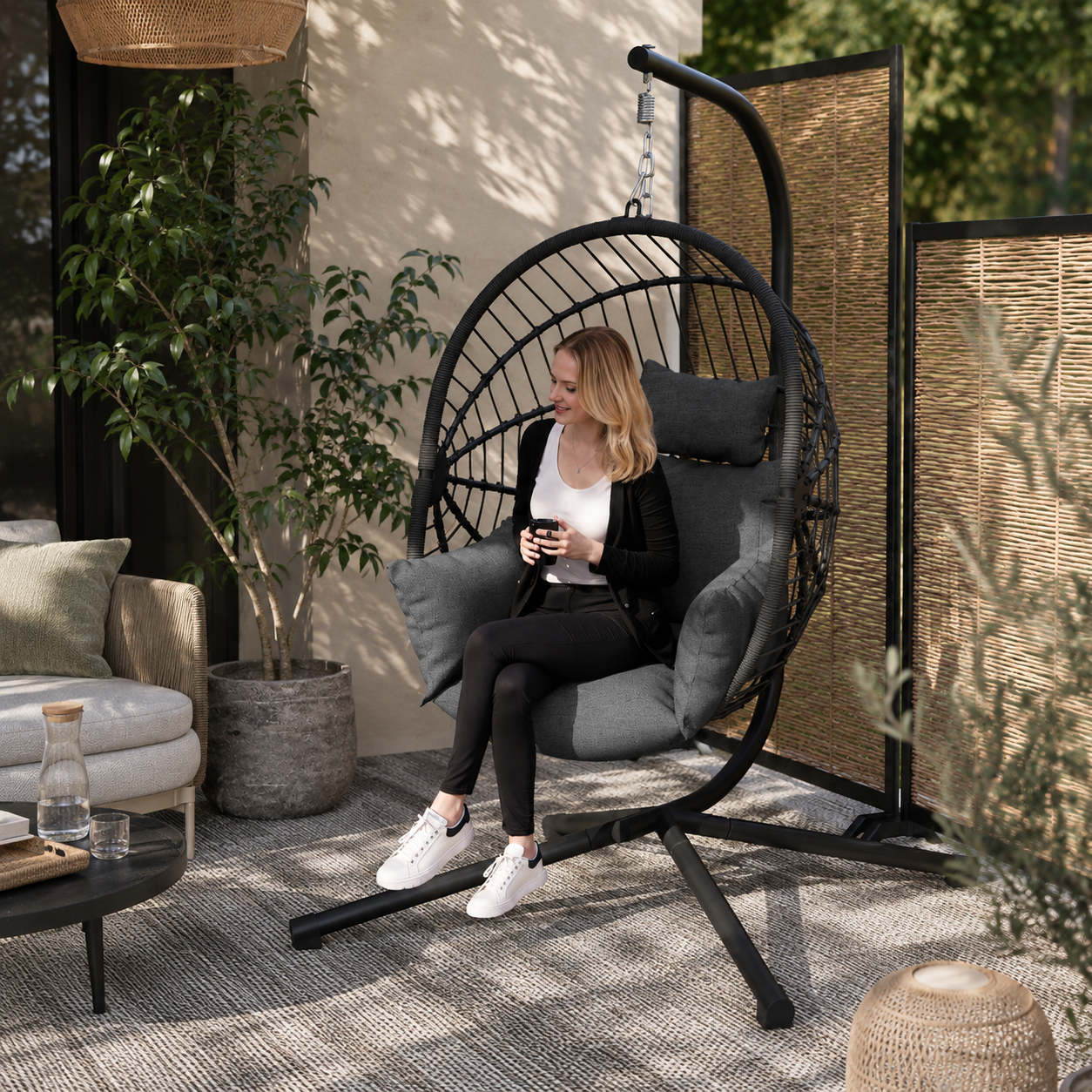 KELWYN | Fauteuil Suspendu Œuf Panier Corde Gris Maison Rêves   Maison Rêves