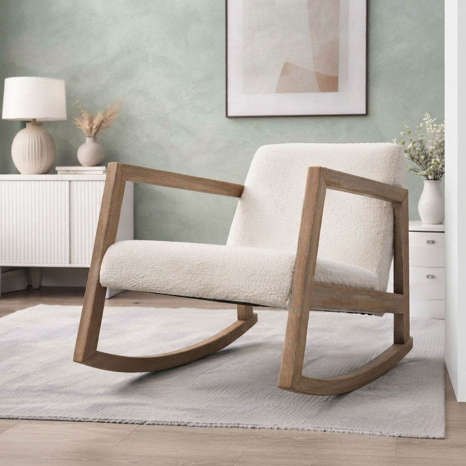 Rocking Chair Nordique en Bouclette avec Structure en Bois d'Hévéa Maison Rêves   Maison Rêves