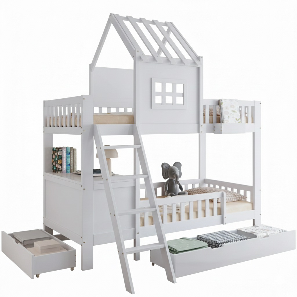 Lit Cabane Mezzanine 1 places 90x200 – 2 couchages Blanc