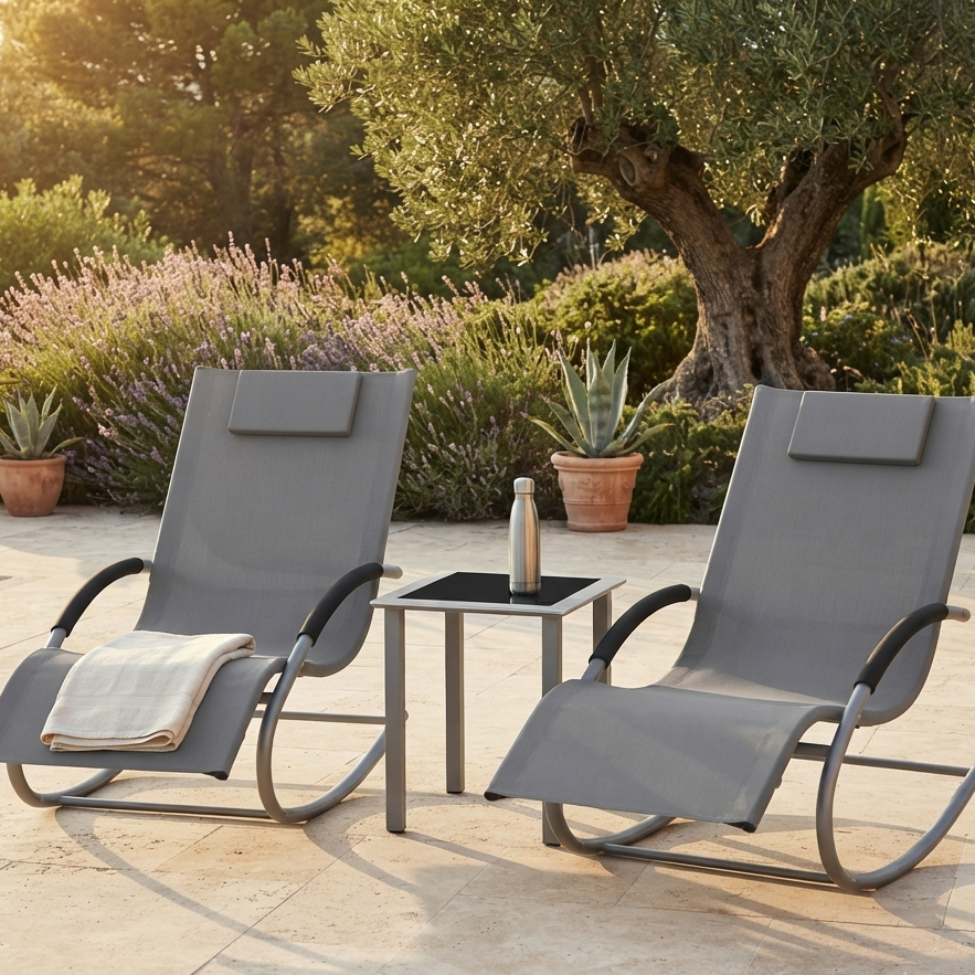 Ensemble 2 Chaises Longues à Bascule avec Table d'Appoint Maison Rêves   Maison Rêves