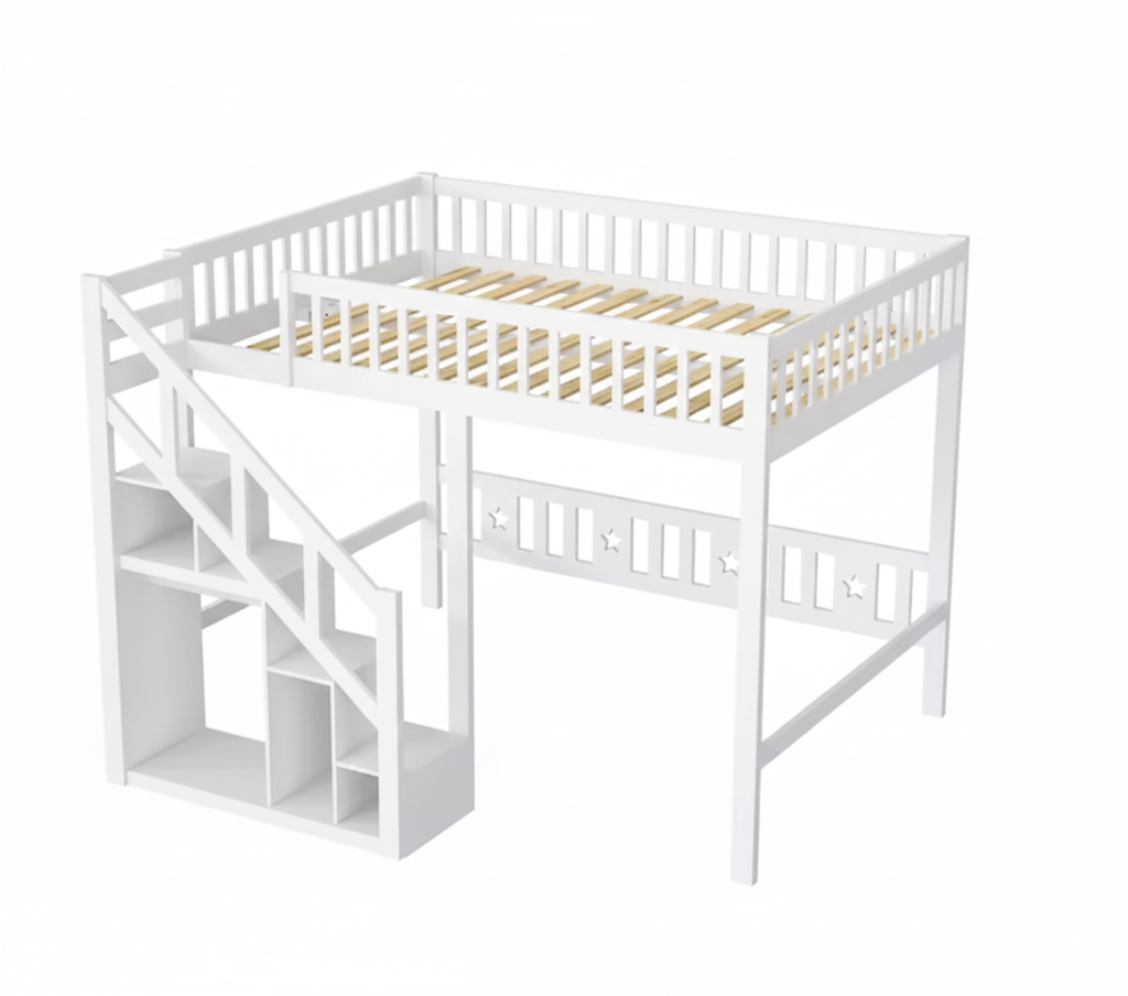 Lit mezzanine 1 place 90x200 – Bois blanc avec escalier et rangements