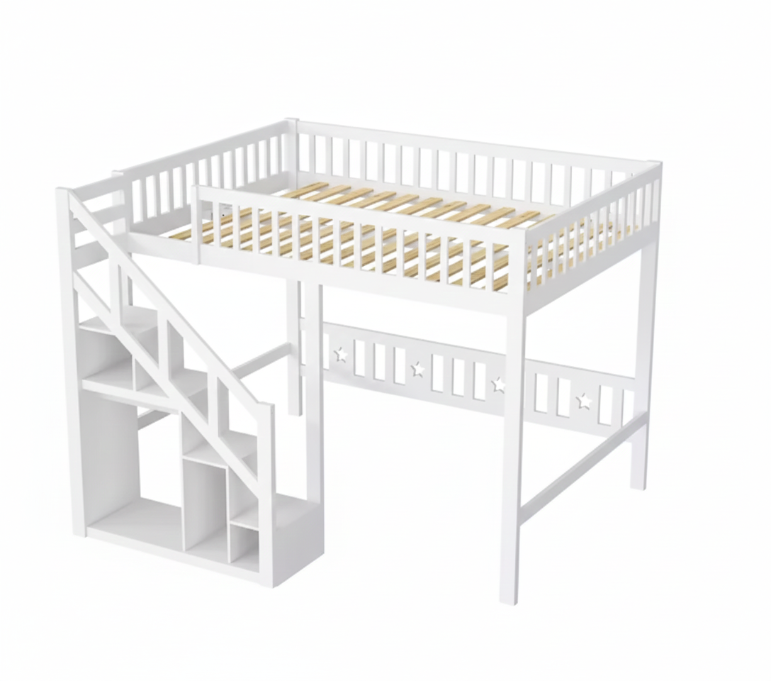 Lit mezzanine 1 place 90x200 – Bois blanc avec escalier et rangements