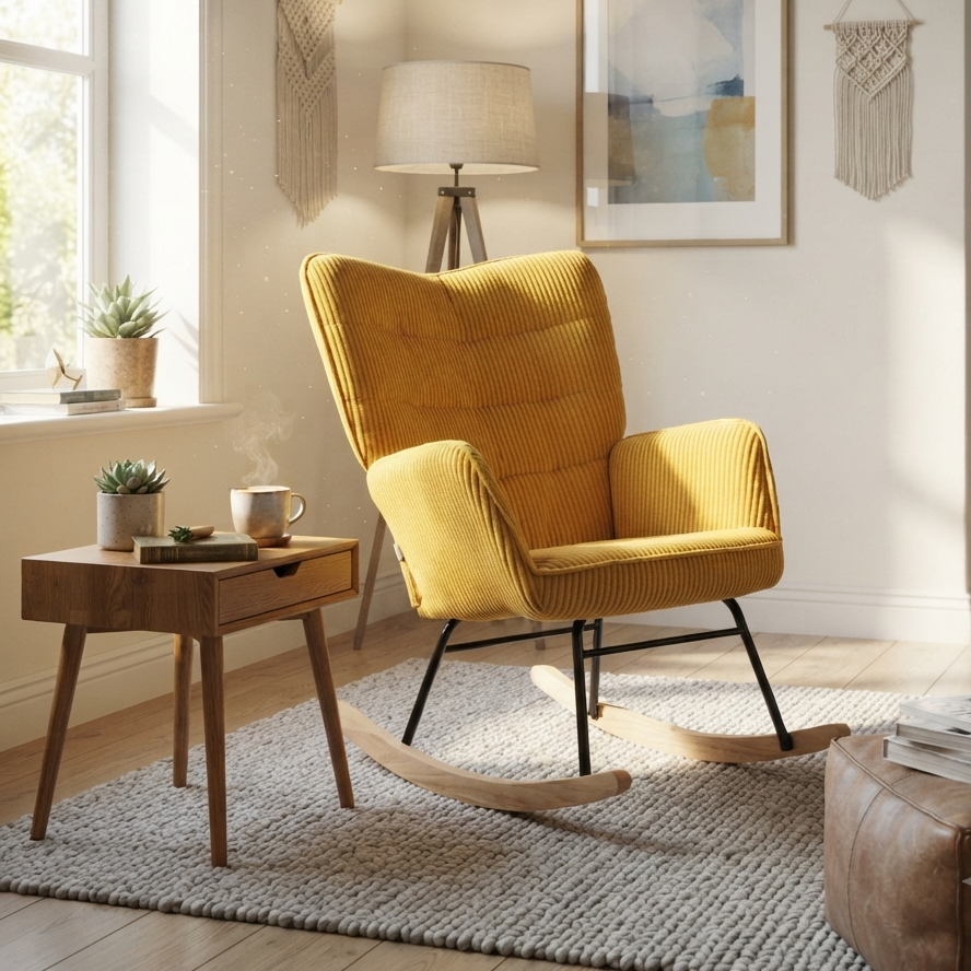 Rocking Chair Jaune en Velours Côtelé avec Base en Bois de Hêtre Maison Rêves   Maison Rêves