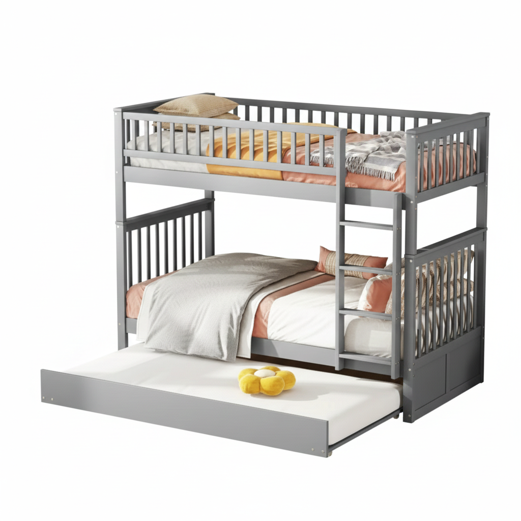 Lit mezzanine 2 lits de 1 place 90x200 – Bois avec escalier et lit gigogne Gris