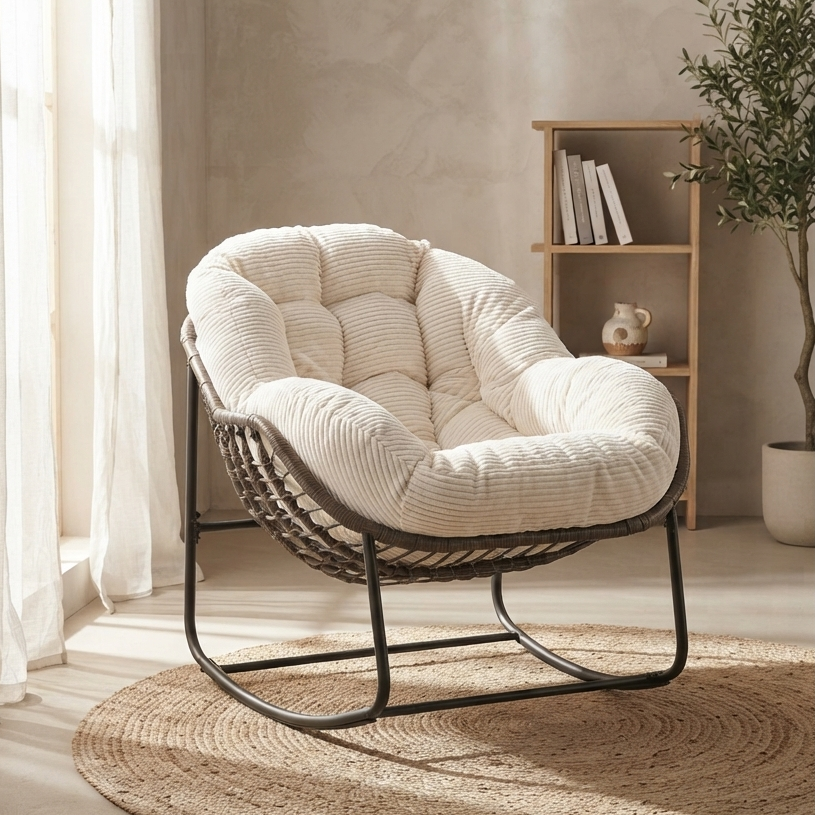 Rocking Chair Papasan en Rotin avec Coussin en Velours Côtelé Maison Rêves Rocking Chair  Maison Rêves