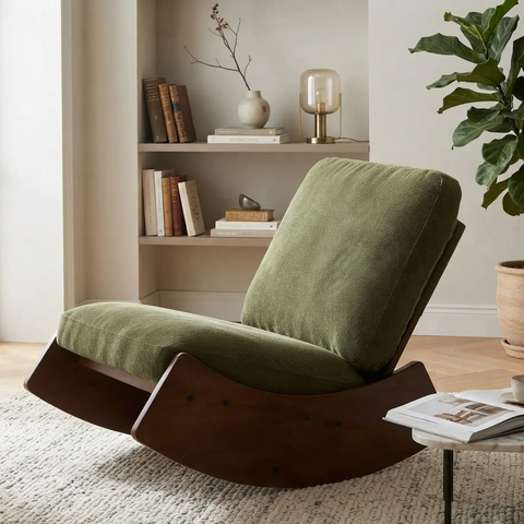 Rocking Chair Rétro en Velours Côtelé avec Structure en Bois Massif