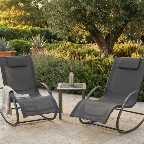 Ensemble 2 Chaises Longues à Bascule avec Table d'Appoint