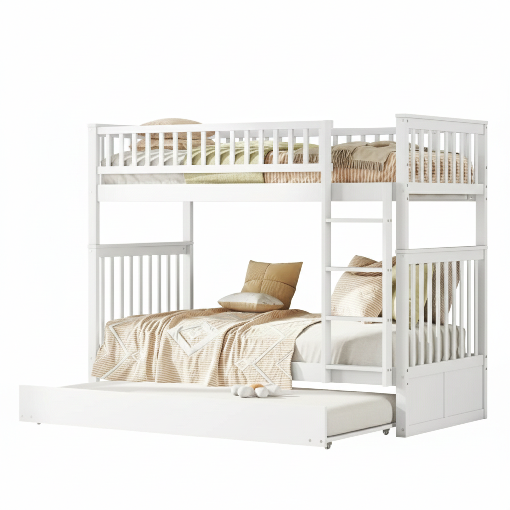 Lit mezzanine gigogne 2 lits de 1 place 90x200 – Bois avec escalier Blanc