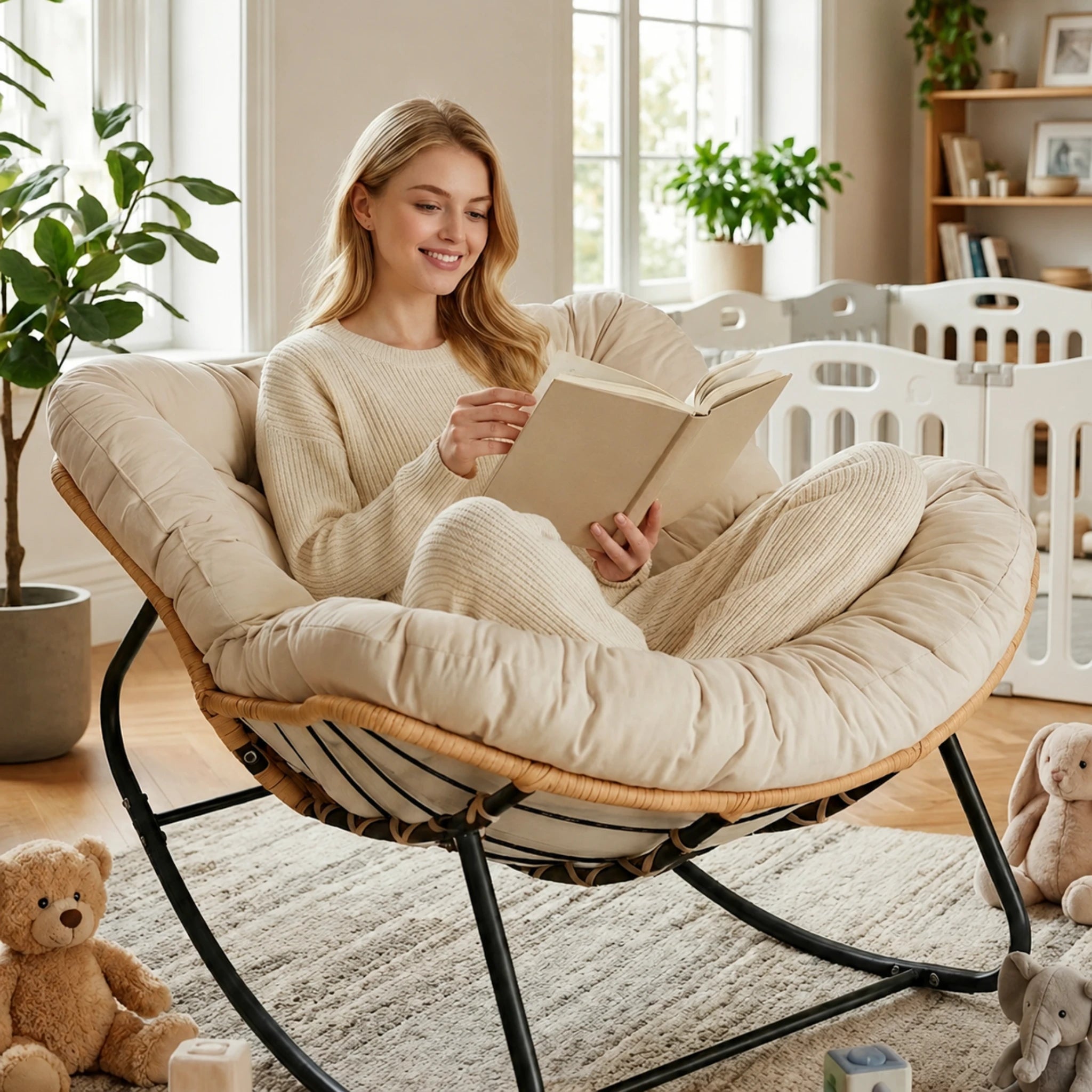 BOLMO - Rocking Chair Rotin & Coussin XXL Toutes Saisons Oscille Rocking Chair  Maison Rêves