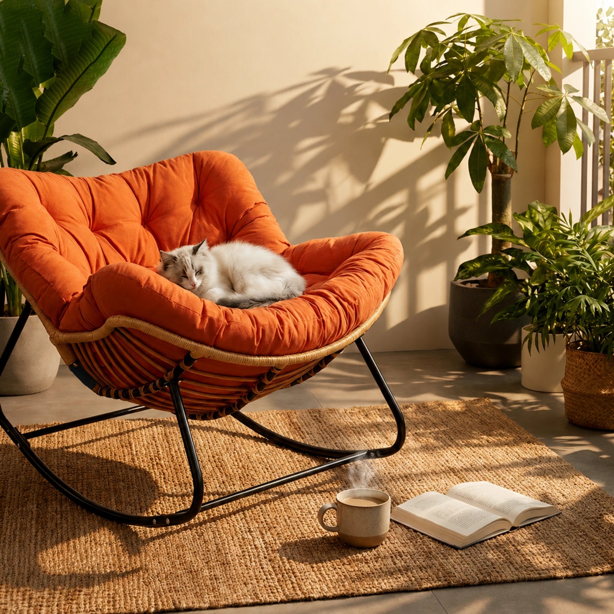 BOLMO - Rocking Chair Rotin & Coussin XXL Toutes Saisons Oscille Rocking Chair  Maison Rêves