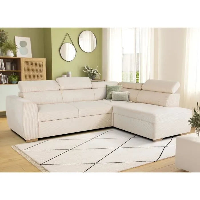 Kélina | Canapé d'Angle Convertible Réversible 4/5 Places en Velours Côtelé Beige Maison Rêves   Maison Rêves