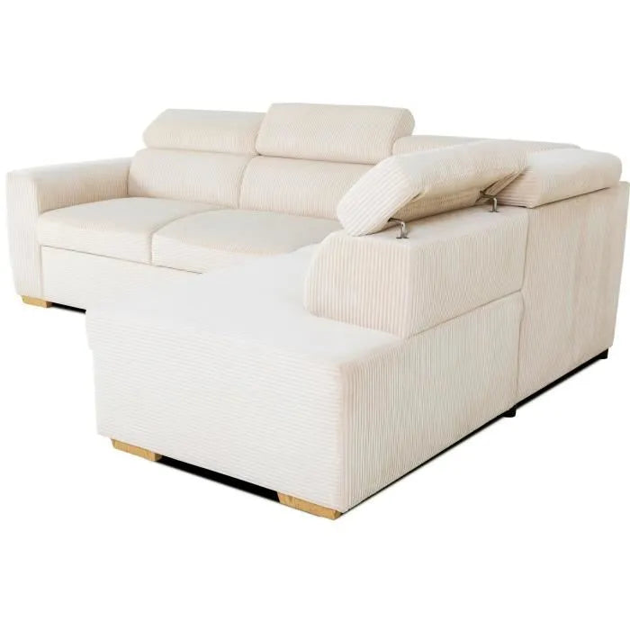 Kélina | Canapé d'Angle Convertible Réversible 4/5 Places en Velours Côtelé Beige Maison Rêves   Maison Rêves