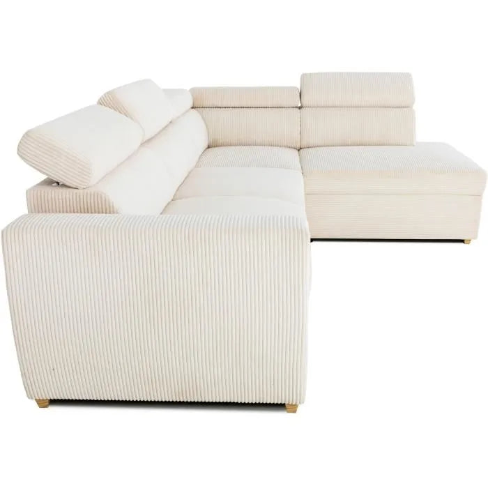 Kélina | Canapé d'Angle Convertible Réversible 4/5 Places en Velours Côtelé Beige Maison Rêves   Maison Rêves