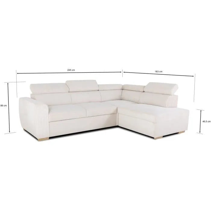 Kélina | Canapé d'Angle Convertible Réversible 4/5 Places en Velours Côtelé Beige Maison Rêves   Maison Rêves