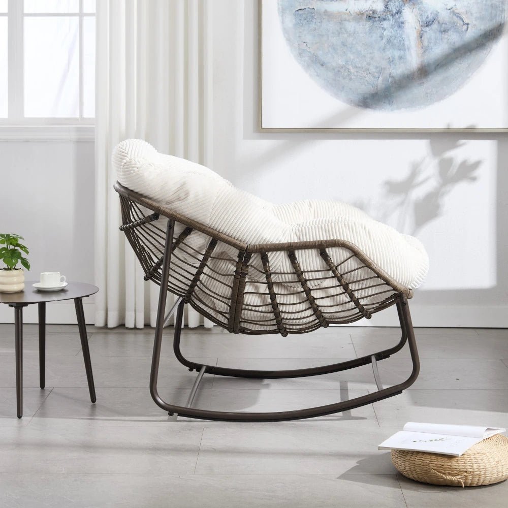COCONA – Fauteuil à Bascule Papasan Rotin & Velours Côtelé Oscille Rocking Chair  Maison Rêves