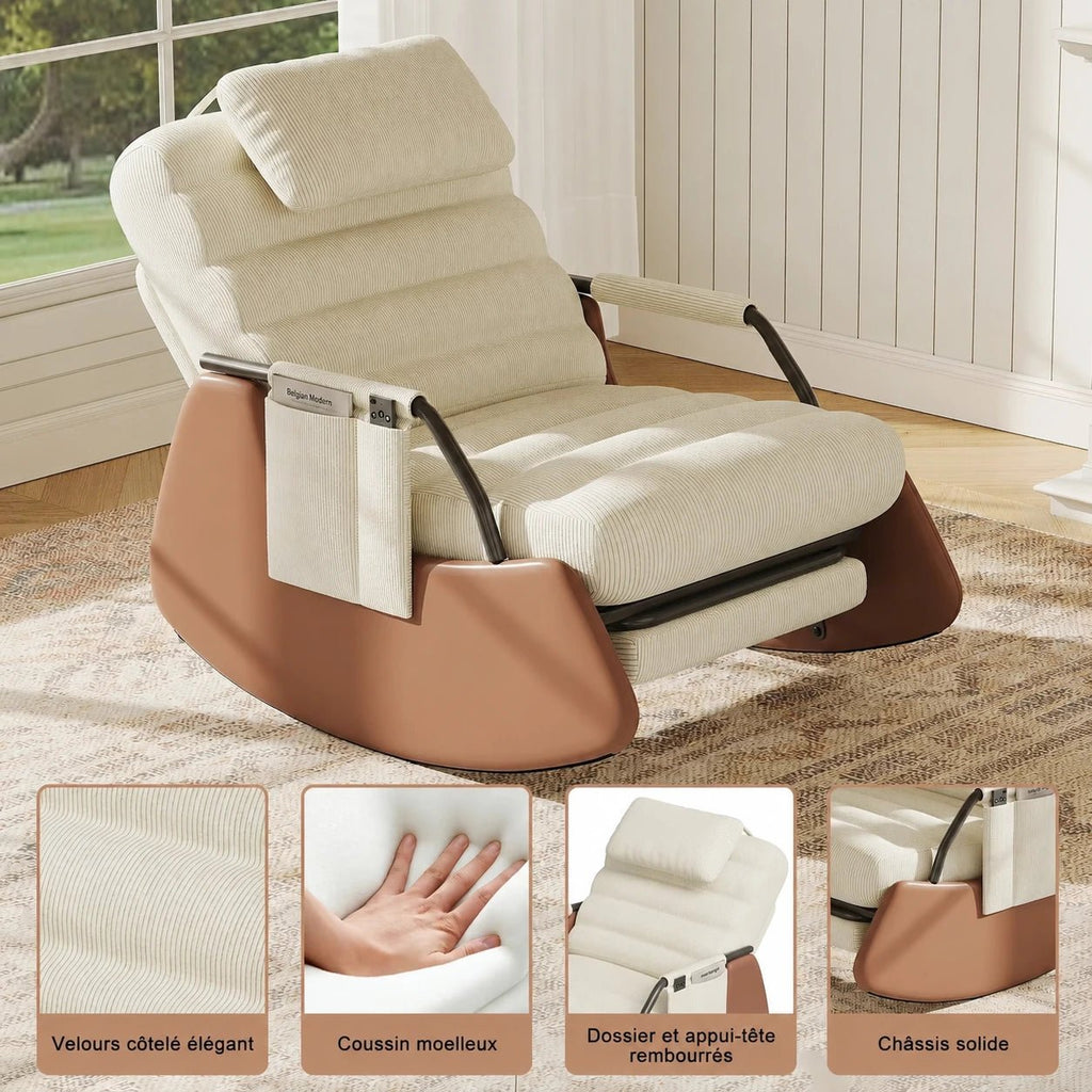 Rocking Chair Réglable en Velours Côtelé avec Repose-Pieds Intégré Maison Rêves   Maison Rêves