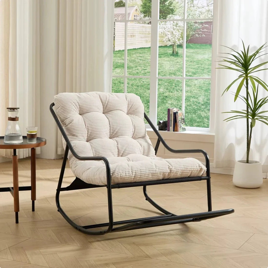 SVIKA - Rocking Chair Corduroy Capitonné & Cadre Métal Noir Oscille   Maison Rêves