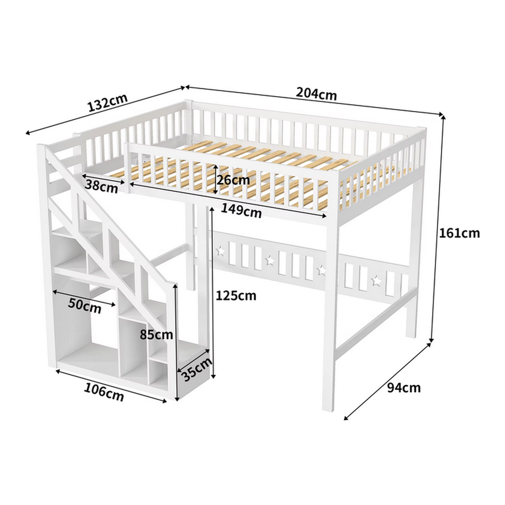 Lit mezzanine 1 place 90x200 – Bois blanc avec escalier et rangements