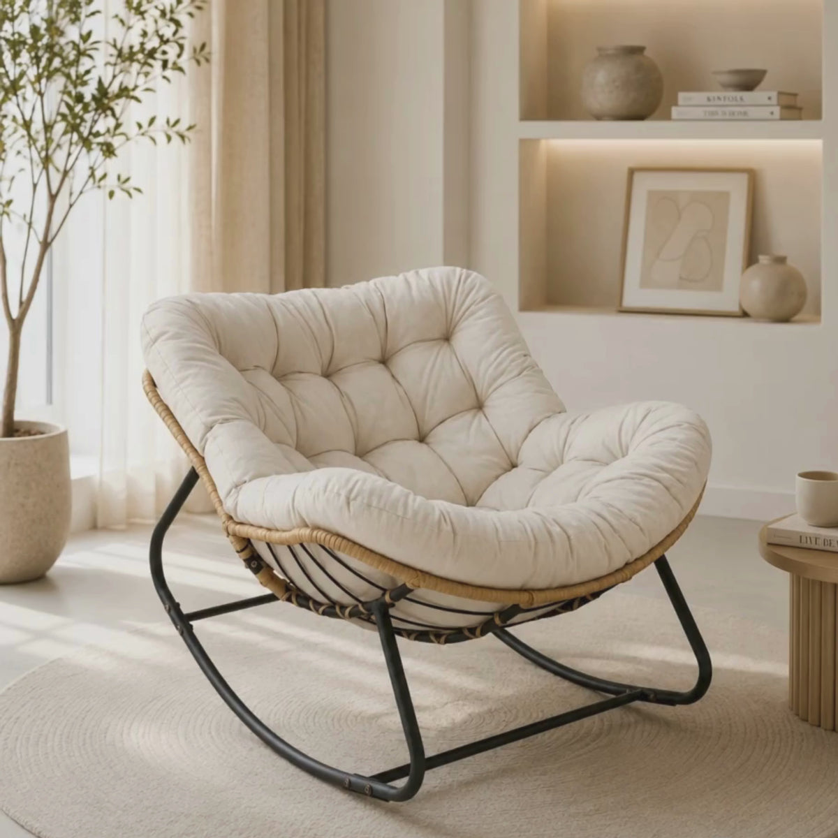 Rocking Chair XXL en Rotin avec Coussin Toutes Saisons