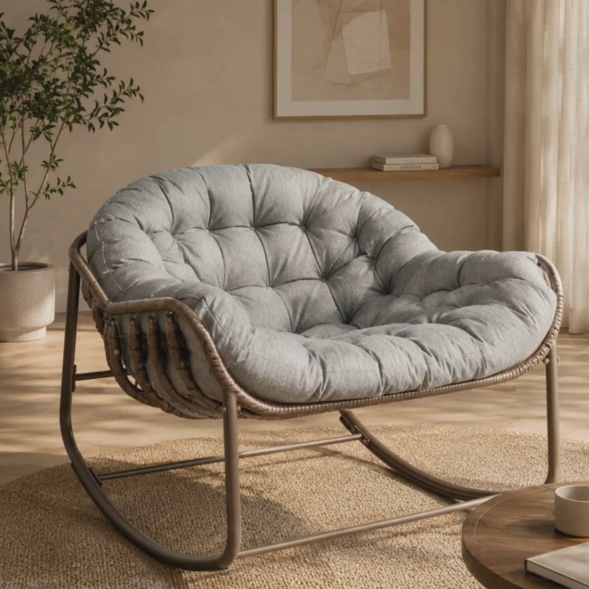 Rocking Chair Œuf XXL en Rotin avec Coussin Épais 15 cm