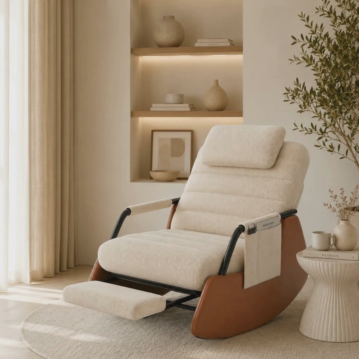 Rocking Chair Réglable en Velours Côtelé avec Repose-Pieds Intégré