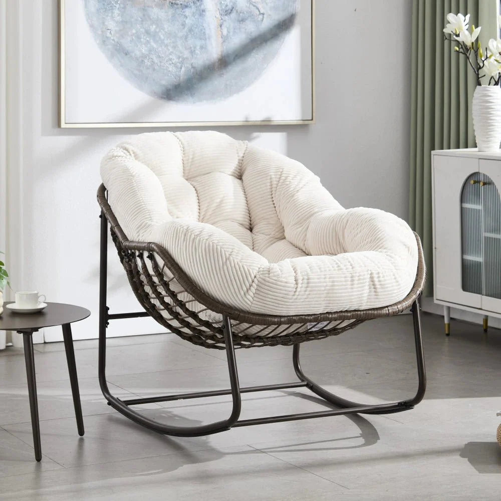 COCONA – Fauteuil à Bascule Papasan Rotin & Velours Côtelé Oscille Rocking Chair  Maison Rêves