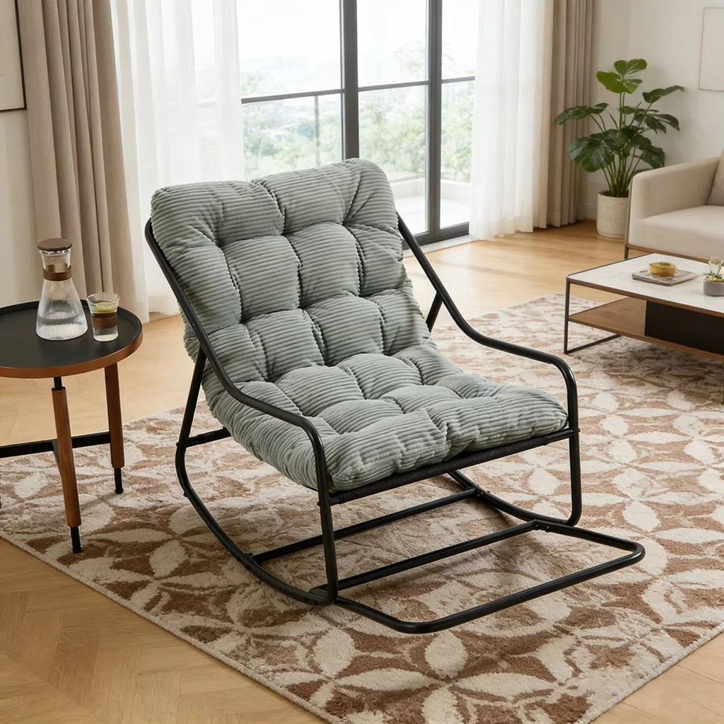 SVIKA - Rocking Chair Corduroy Capitonné & Cadre Métal Noir Oscille   Maison Rêves